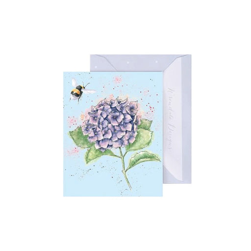 A card featuring a bee perched on a vibrant hydrangea flower against a soft background.