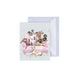 A greeting card featuring dogs sitting together on a pink couch, creating a cozy and playful atmosphere.