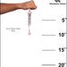 Hand holding a pink wind chime with measurement scale on a white background