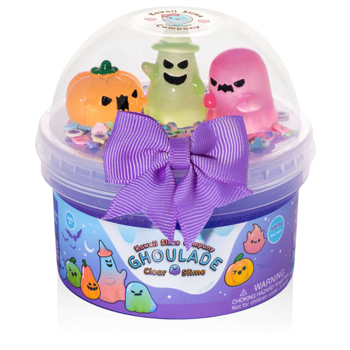 Clear slime set with colorful ghouls in a container with a purple bow, branded 'Ghoulade'.