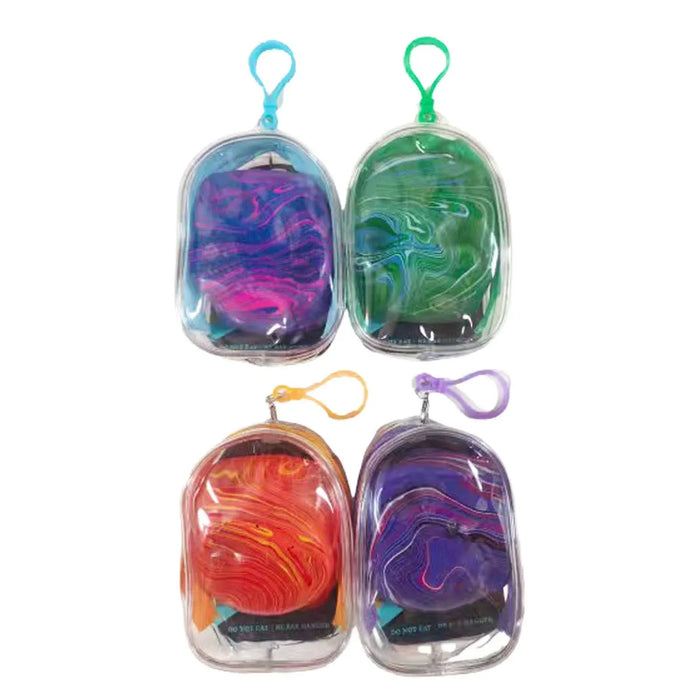 Four colorful marbled keychains in clear plastic cases with attached strings on a white background.