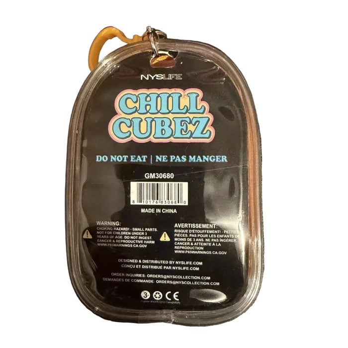 A packaged novelty item labeled 'Chill Cubez' by NYBLT, shown in a clear plastic capsule with a black backing and warning text, photographed on a dark surface.