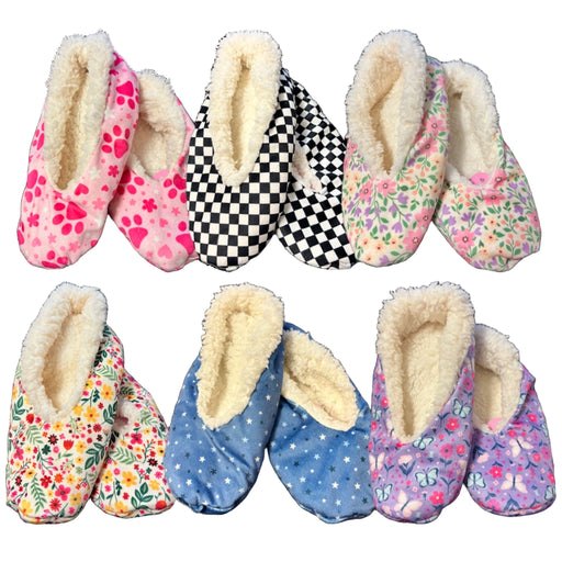 Set of colorful slippers with floral and checkered patterns on a white background