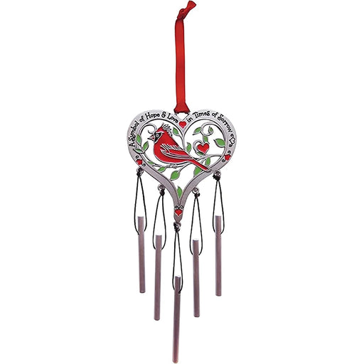 Decorative wind chime with a heart-shaped design featuring a cardinal and text on a white background.