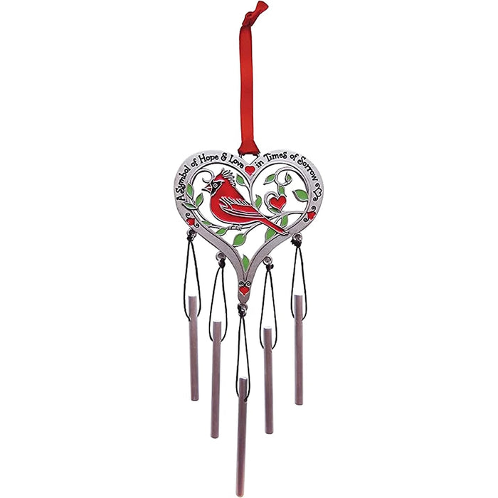 Decorative wind chime with a heart-shaped design featuring a cardinal and text on a white background.