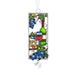 Decorative stained glass ornament with wine bottle, grapes, and glass on a white background