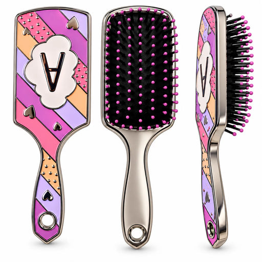 Three views of a decorative paddle hairbrush on a white background: front, side, and back. The brush has a metallic silver handle and head frame, black bristles with pink tips, and a colorful geometric face in pink, purple, orange, and white with a large letter A.