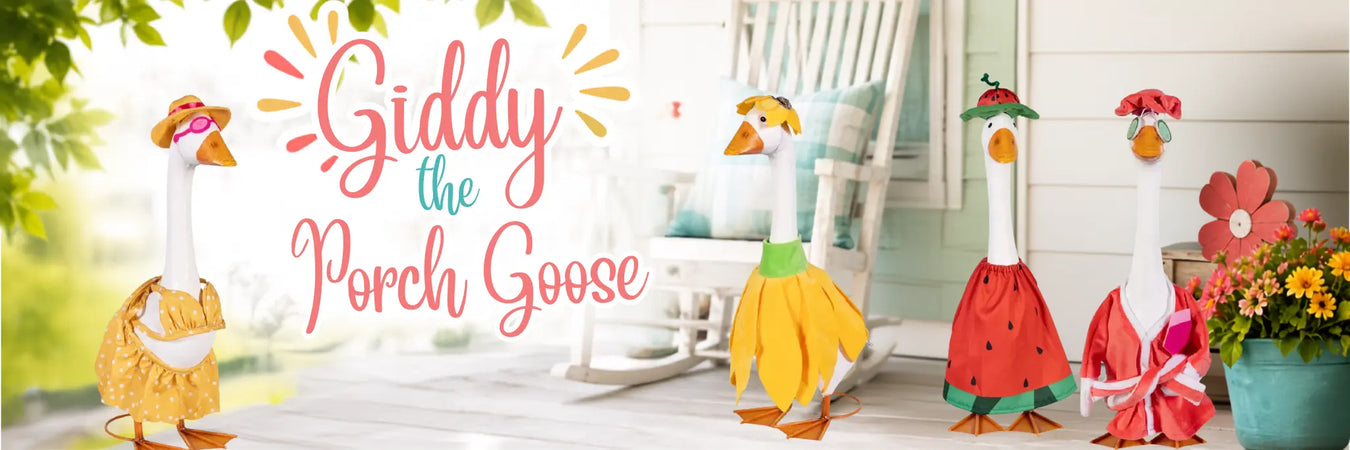A decorative banner-style scene with the text 'Giddy the Porch Goose' in pink script, showing several stylized goose figures in colorful outfits posed on a porch. The background includes a white rocking chair, greenery, flowers, and a potted plant.