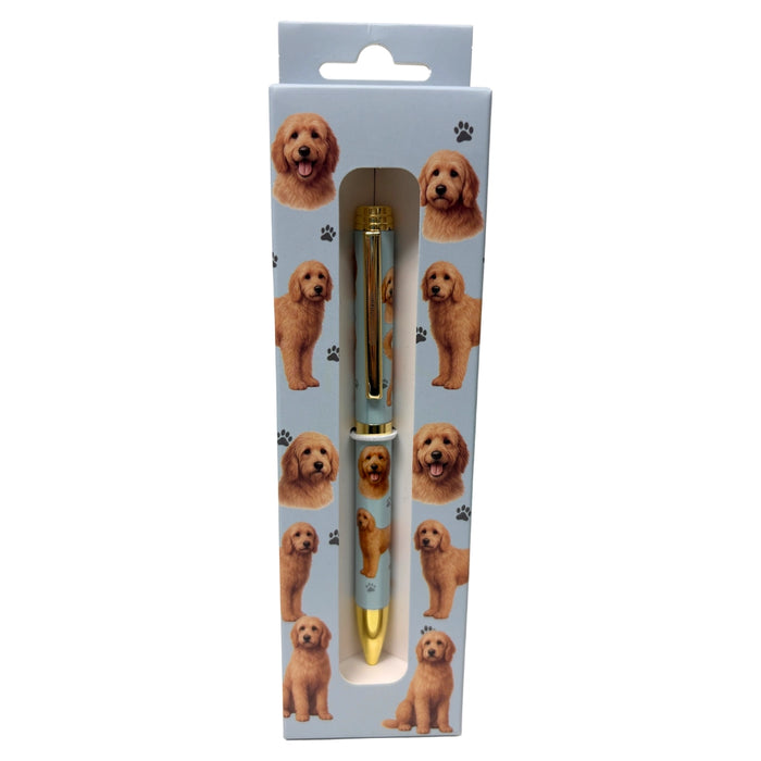 Goldendoodle-themed gift boxed ballpoint pen with gold accents and dog illustrations.