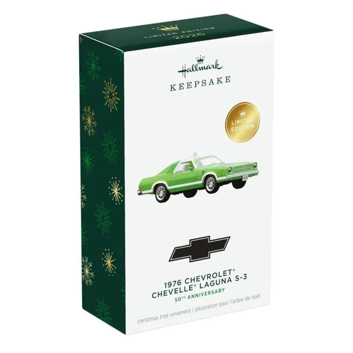Hallmark Keepsake ornament packaging for 1976 Chevrolet Chevelle Laguna S-3 with green car illustration.