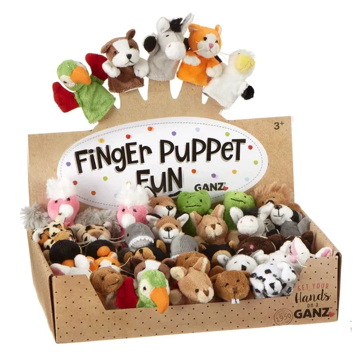 Box of Ganz finger puppets with various animal designs on a white background