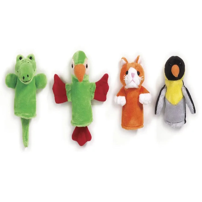 Set of four images of  colorful animal finger puppets on a white background
only one included in purchase 