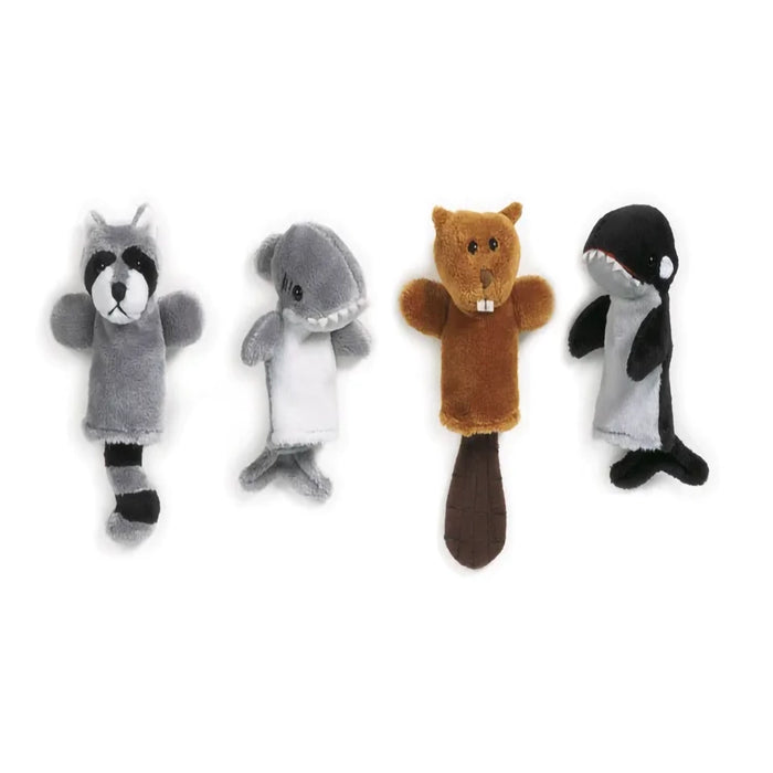 Set of four plush animal finger puppets on a white background