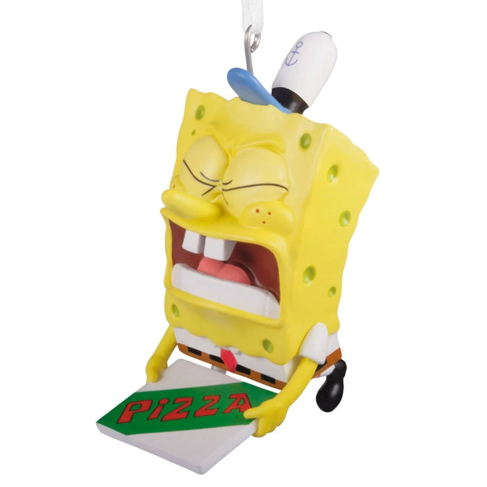 Hallmark Nickelodeon SpongeBob SquarePants Pizza Delivery Christmas ornament featuring SpongeBob carrying a Krusty Krab pizza, inspired by the classic "Pizza Delivery" episode.