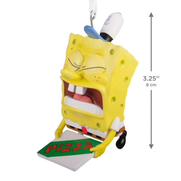 Hallmark Nickelodeon SpongeBob SquarePants Pizza Delivery Christmas ornament featuring SpongeBob carrying a Krusty Krab pizza, inspired by the classic "Pizza Delivery" episode.