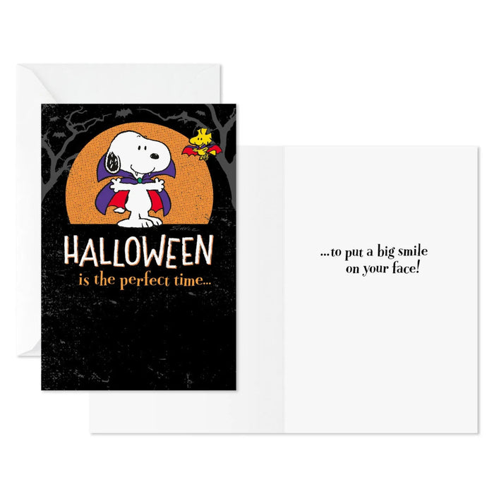 Hallmark Peanuts Vampire Snoopy and Woodstock Halloween cards, pack of 6, featuring fun spooky artwork for sending Halloween greetings.