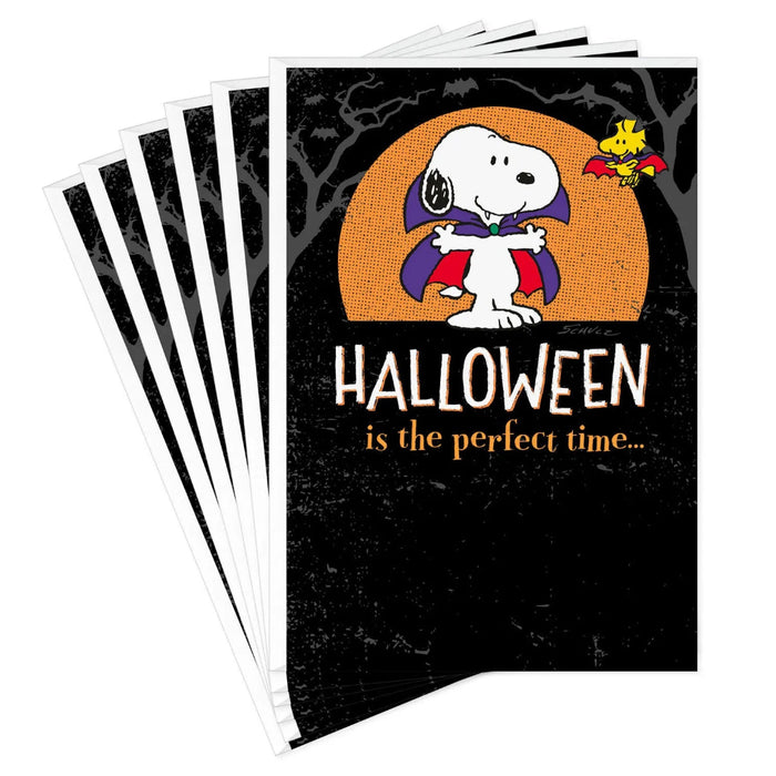 Hallmark Peanuts Vampire Snoopy and Woodstock Halloween cards, pack of 6, featuring fun spooky artwork for sending Halloween greetings.