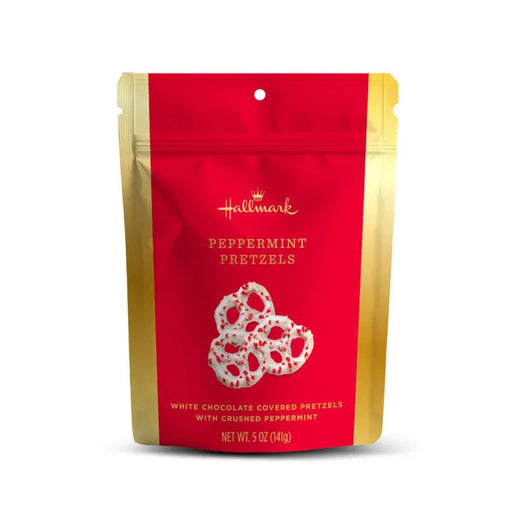 Red package of Hallmark Peppermint Pretzels on a white background