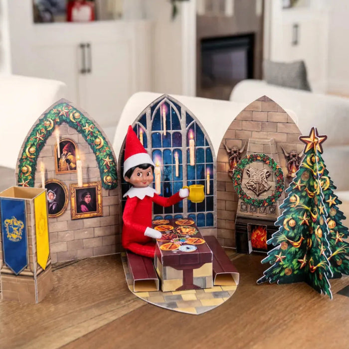 Elf on the Shelf Harry Potter Hogwarts Great Hall Pop-Ups Prop Set featuring themed props for creating magical Scout Elf holiday displays.