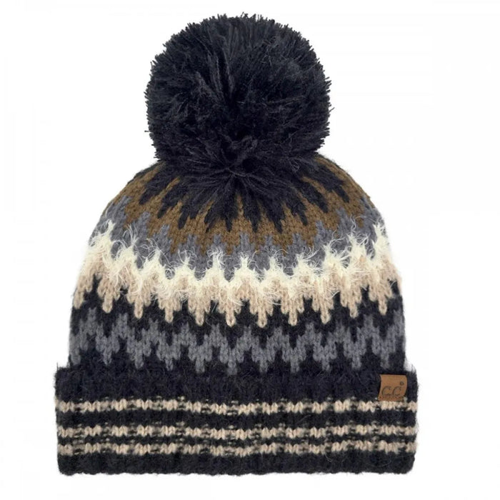 Cheveux Corp chevron pom beanie winter hat featuring a patterned design and decorative pom accent for seasonal styling.