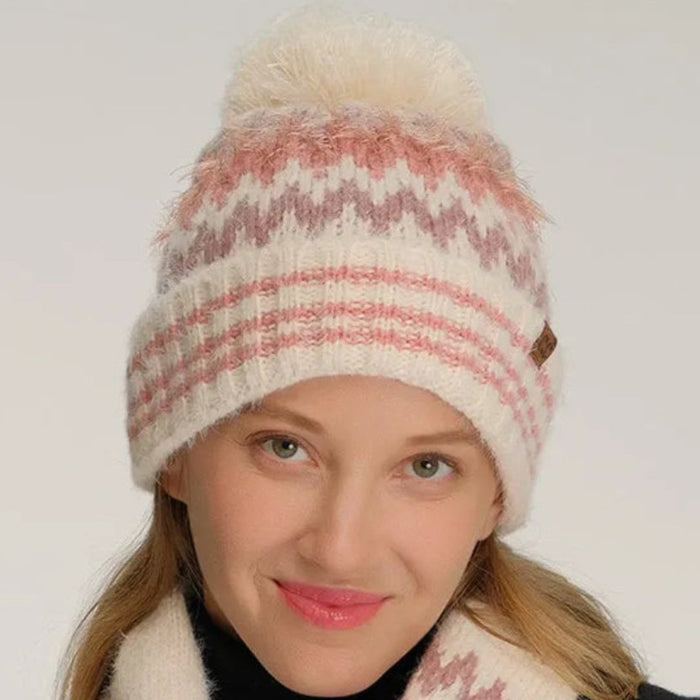 Cheveux Corp chevron pom beanie winter hat featuring a patterned design and decorative pom accent for seasonal styling.