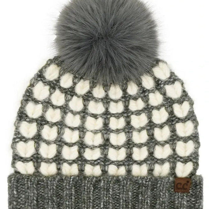 Cheveux Corp Full of Heart Pattern Pom Beanie Winter Hat featuring a heart pattern and decorative pom accent for a playful seasonal look.