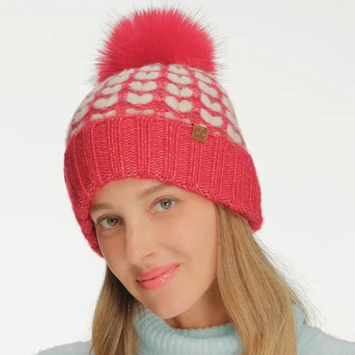 Cheveux Corp Full of Heart Pattern Pom Beanie Winter Hat featuring a heart pattern and decorative pom accent for a playful seasonal look.