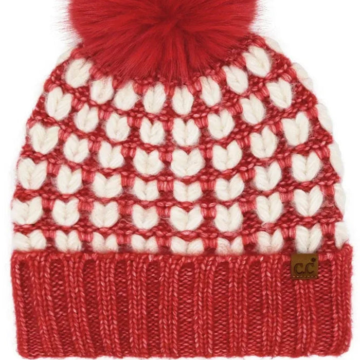 Cheveux Corp Full of Heart Pattern Pom Beanie Winter Hat featuring a heart pattern and decorative pom accent for a playful seasonal look.