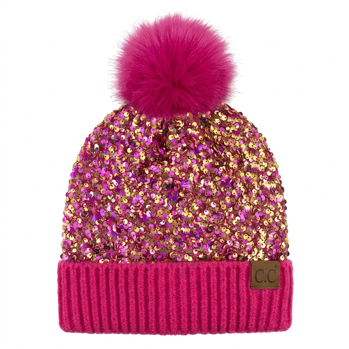 Cheveux Corp sequin fur pom beanie with a sparkling design and soft faux fur pom-pom, stylish winter hat for cold-weather outfits.