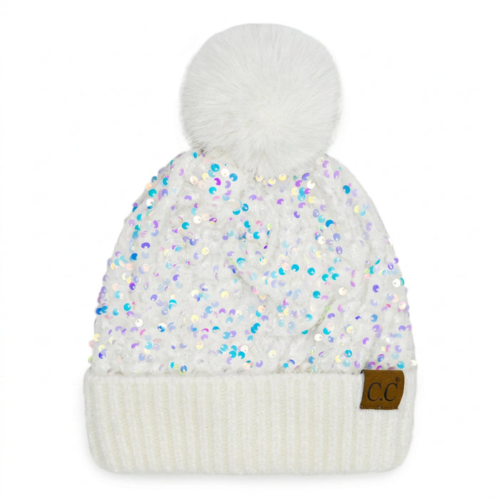 Cheveux Corp sequin fur pom beanie with a sparkling design and soft faux fur pom-pom, stylish winter hat for cold-weather outfits.