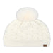 Ivory Cheveux Corp beanie with a raised diamond crochet pattern, pearl accents, ribbed cuff, large fluffy ivory pom, and small brown logo patch.