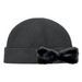 Cheveux Corp blush pink ribbed knit beanie with a rounded crown, wide folded cuff, and large matching faux fur bow on the right side of the cuff, shown against a white background.