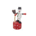 Wooden snowman figurine on a red base with white snowflake patterns against a white background