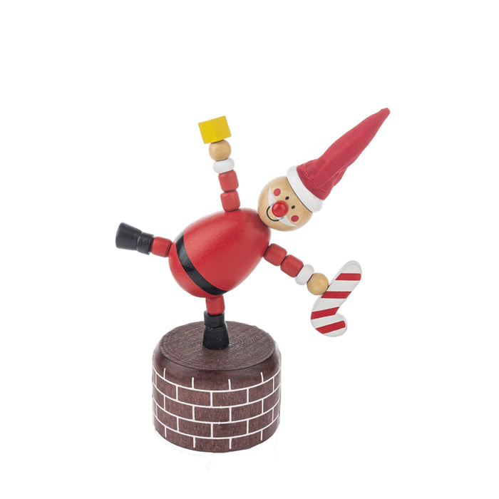 Wooden elf figurine with red body and striped shoes on a white background