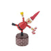 Wooden elf figurine with red body and striped shoes on a white background