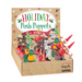Box of Holiday Push Puppets with wooden figures on a white background
