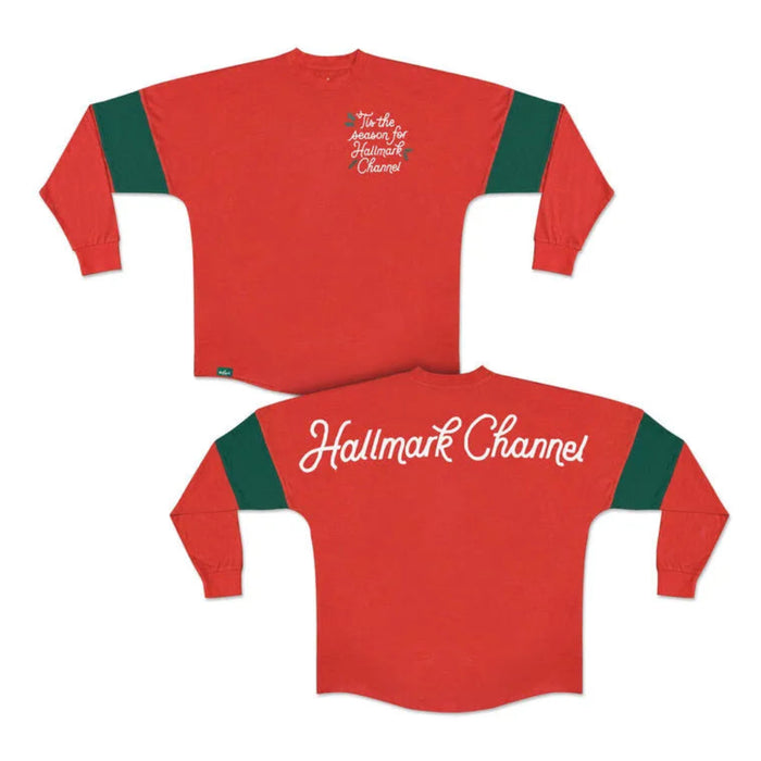 Hallmark Tis the Season Red Spirit Jersey - Red long-sleeve shirt with green accents featuring Hallmark Channel branding on a white background