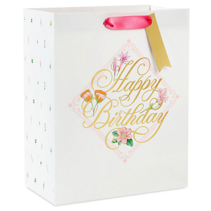 Hallmark : 9.6" Gold Script on Floral Medium Birthday Gift Bag