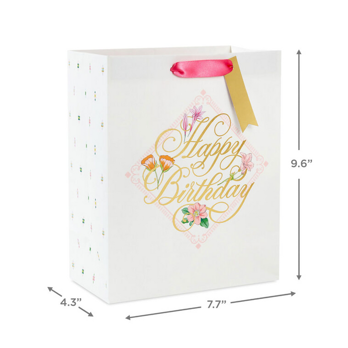 Hallmark : 9.6" Gold Script on Floral Medium Birthday Gift Bag