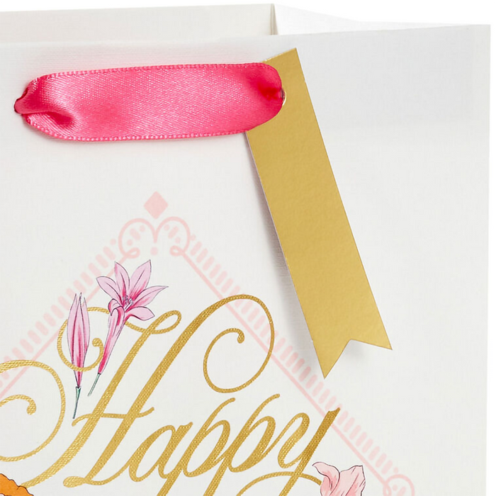 Hallmark : 9.6" Gold Script on Floral Medium Birthday Gift Bag