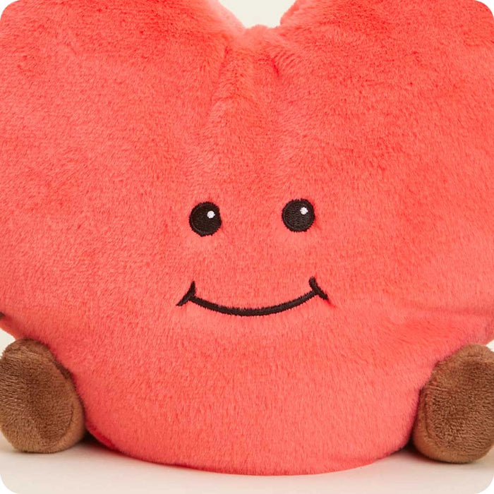 Close-up of Warmies Heart Plush embroidered smile and ultra-soft fabric texture