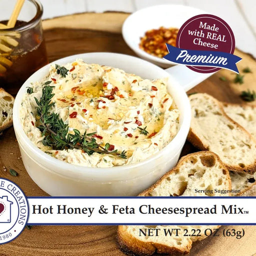Hot Honey & Feta Cheesespread Mix with bread slices on a wooden board, featuring Country Home Creations branding.