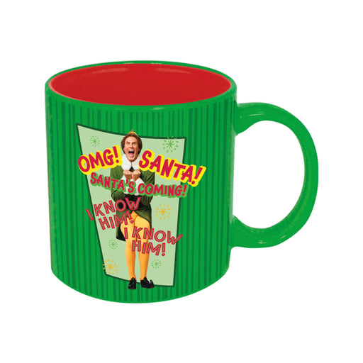 Green mug with a festive design featuring text and the Elf character on a white background
