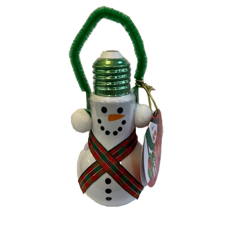 Snowman-shaped light bulb Hot chocolate  ornament with a green top and red and green striped scarf on a white background