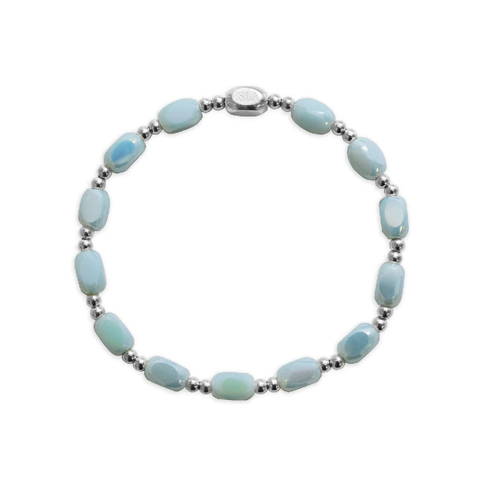 Stia Couture All In Blue Sky opalescent glass beads bracelet with PVD gold-plated stainless steel accents.