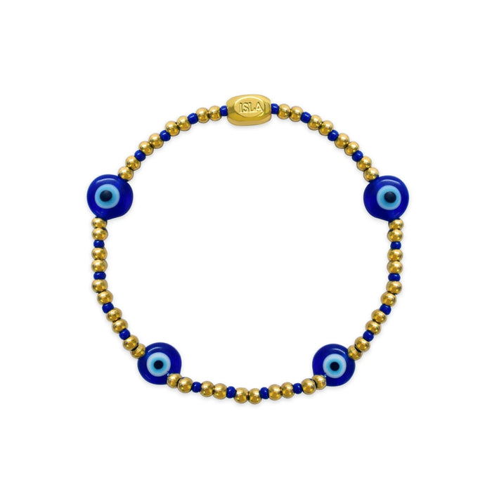 Stia ISLA Cobalt Evil Eye Bracelet featuring a cobalt blue evil eye charm on a delicate bracelet, designed as a stylish accessory believed to symbolize protection and good fortune.