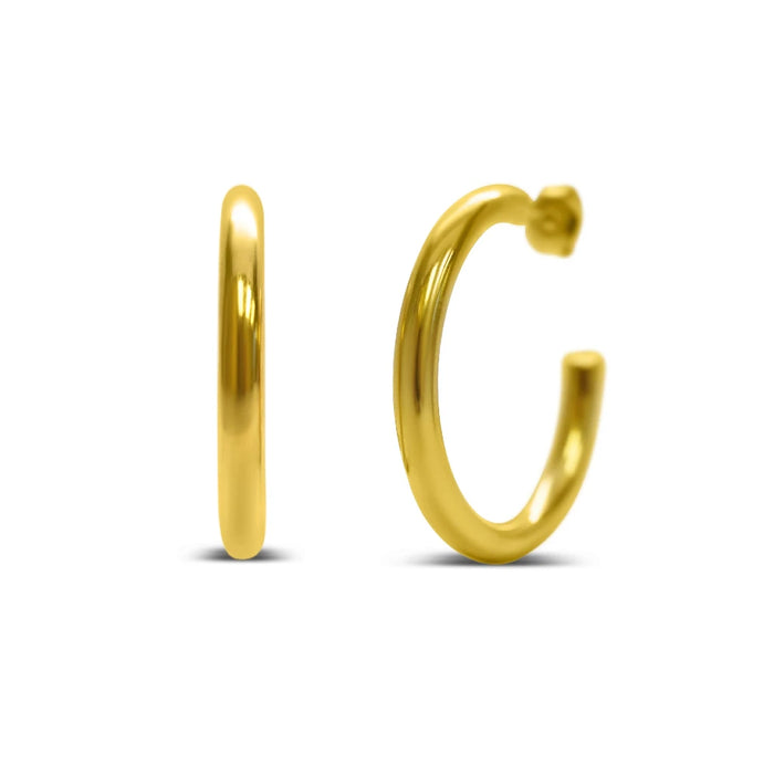 A pair of elegant gold hoop earrings displayed against a neutral background