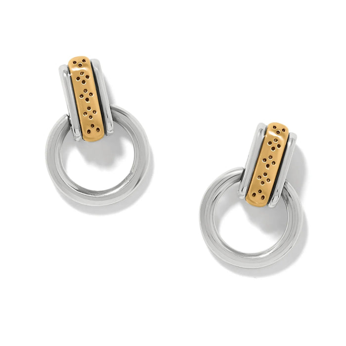 Elegant mosaic two-tone mini drop earrings featuring a textured design with mixed metal finishes.