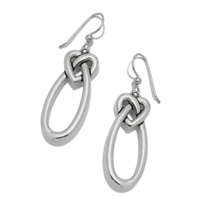Polished silver Interlok linked hearts French wire drop earrings featuring two connected heart shapes with an elegant, timeless design.