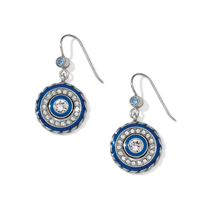 Pair of blue and silver earrings on a white background